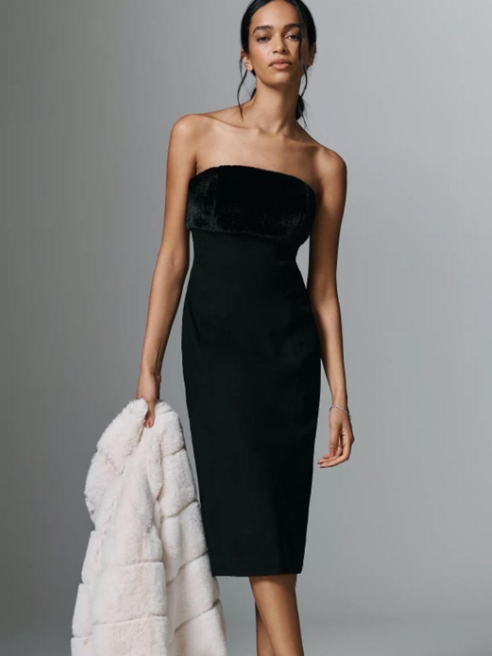 By Anthropologie Strapless Faux Fur Trim Slim Midi Dress XLP Black NWT